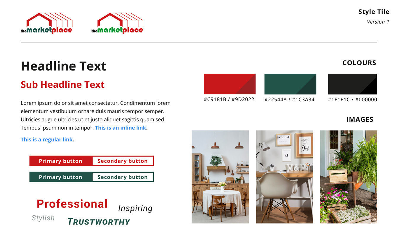 Style tile for The MarketPlace colour palette, text and sample images.